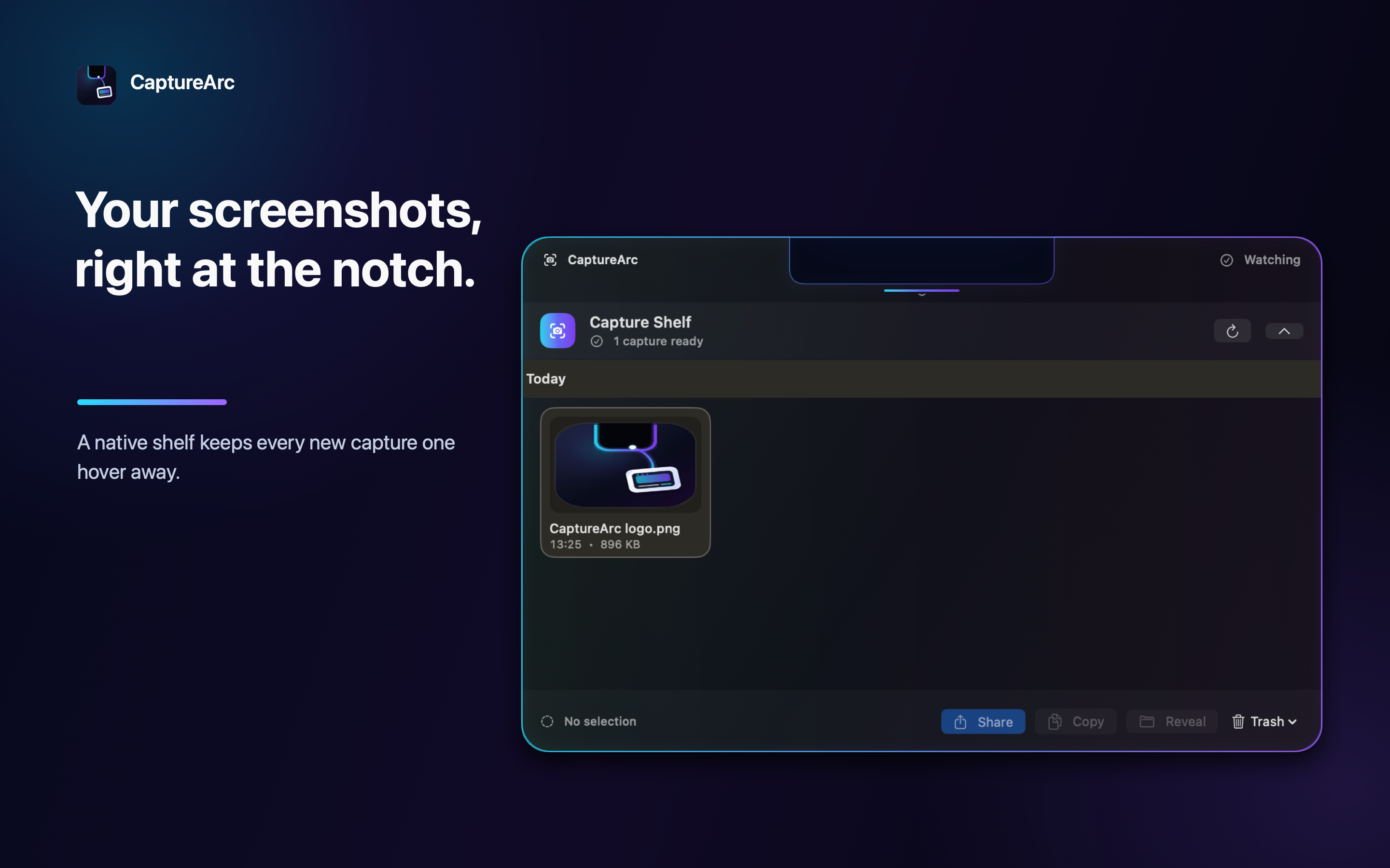 CaptureArc screenshot shelf surrounding the MacBook notch
